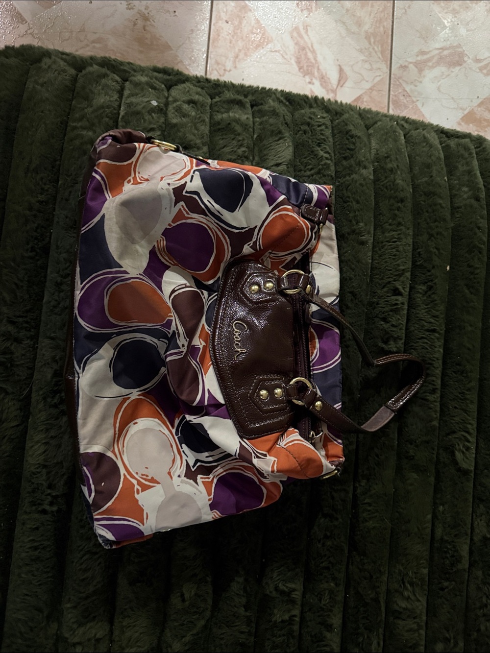 Coach Multicolor Circle-Print Tote with Brown Leather Accents